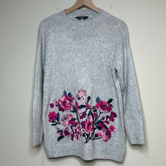Joules Gray Penny Floral Embroidery Pullover Sweater Size 8 Crew Wool Blend - Picture 2 of 10